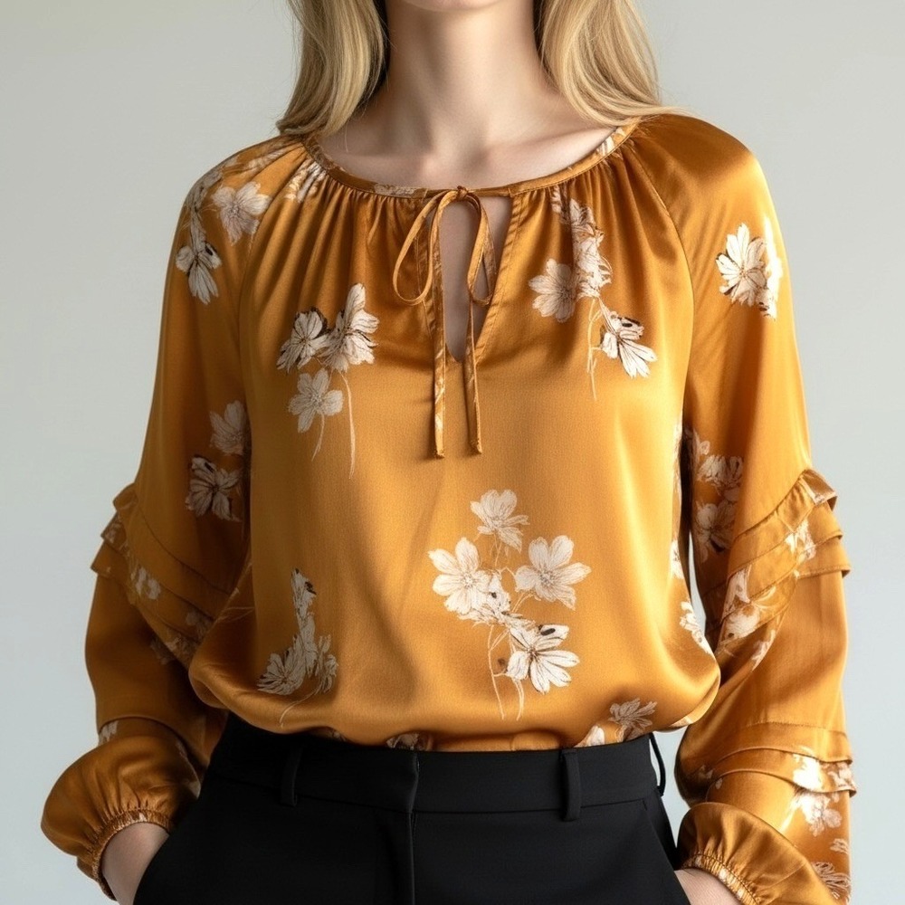 1.STATE Mustard Gold Floral Satin Tie Neck‎ Ruffle Sleeve Blouse Large